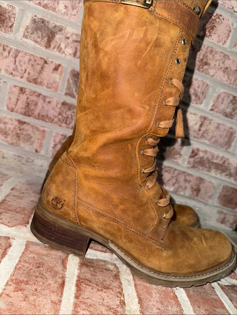 Women Timberland Tan Leather Lace-Up Mid-Calf Buckle Boots size 11M - Picture 10 of 13